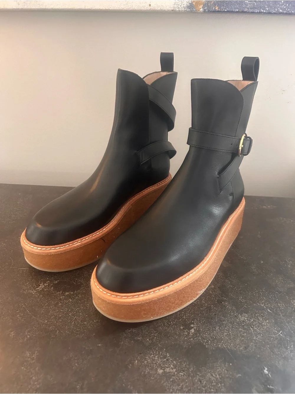 Ulla Johnson Black Leather Platform Ankle Boots with Tan Crepe Sole